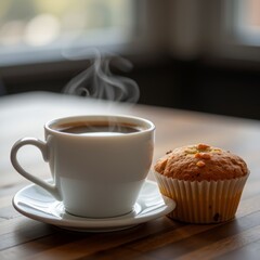 Steaming cup of coffee paired with a freshly baked muffin on a wooden table creating a cozy and relaxing atmosphere for a quiet moment of enjoyment