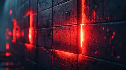 Fototapeta premium Red neon cracks brick wall, dark background, futuristic design