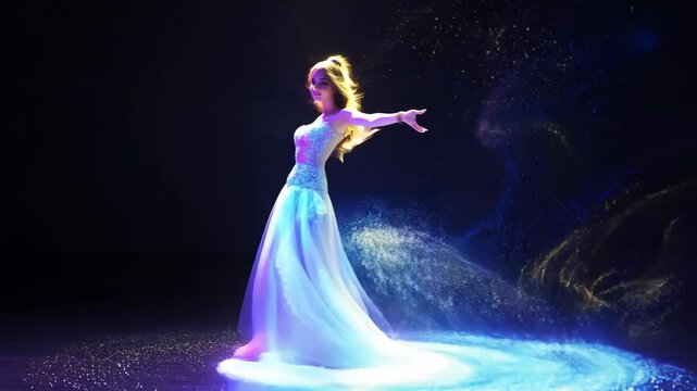 Animation depicting a celestial dancer formed from a particle flow, radiating an ethereal beauty. Showcases the stunning movement of the particle flow as it creates the figure of a dancing girl