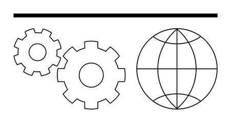 Two interlocking gears beside a globe symbol, representing global operations, technology, and engineering. Ideal for business, innovation, international collaboration, manufacturing, software