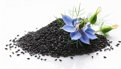 black cumin seeds with nigella sativa flower on white background