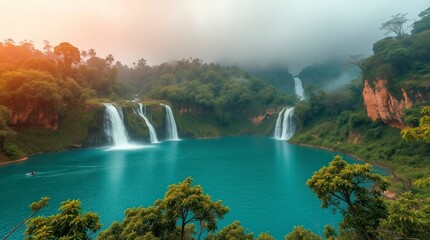 Stunning Waterfall Lake Landscape at Sunrise