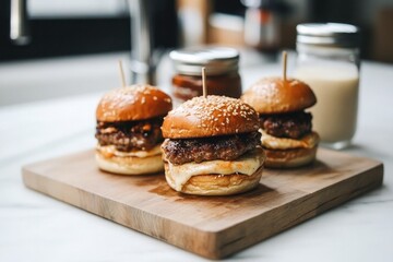 Mini burgers arranged on a wooden cutting board with condiments in the background, captured in a cozy kitchen setting