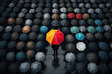 A man standing out from gray suited crowd, holding vibrant umbrella amidst dark umbrellas, representing innovative leadership and creative thinking in corporate environment