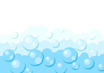 Background with foam bubbles in cartoon style. Vector illustration of blue, white air bubbles of large, medium and small sizes isolated on white background. Washing. Bathing.