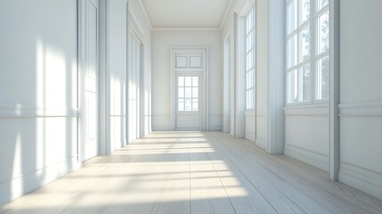 Fototapeta premium bright hallway with white walls and wooden floors 