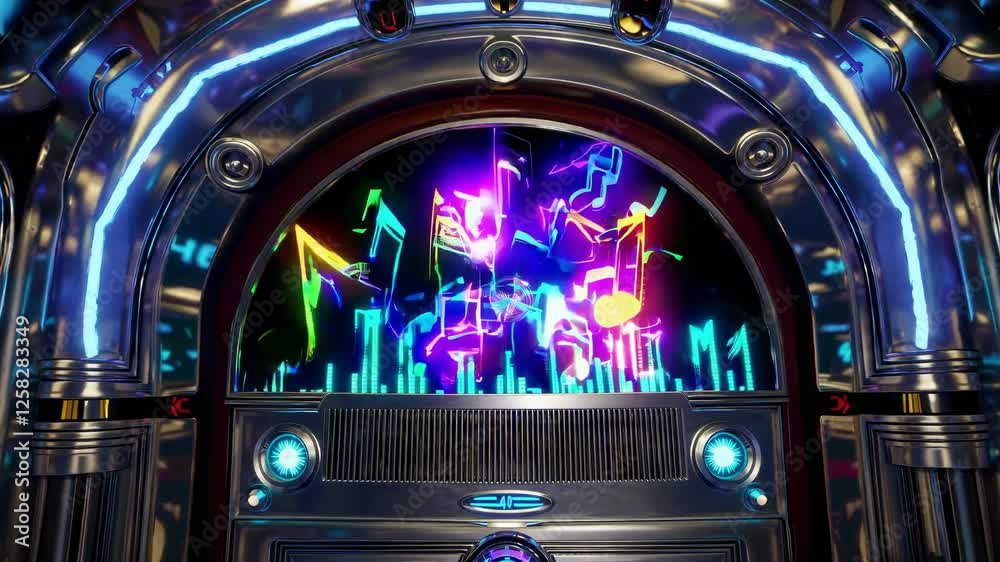 Poster vibrant light display in a futuristic audio space showcases captivating music notes