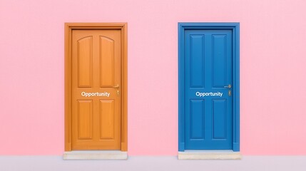 Two doors marked Opportunity, one locked, symbolizing choices and barriers, inviting contemplation on access and potential in a minimalist setting.
