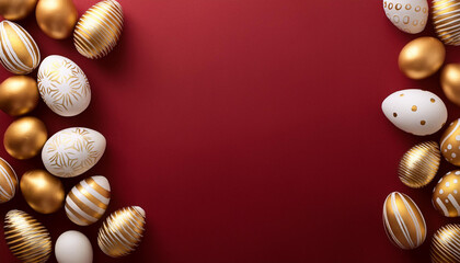 flat lay with golden and white easter eggs painted with stripes and dots in corners of dark red history with clean replica space