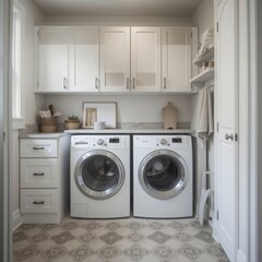 Modern laundry room with white cabinets and appliances featuring organized shelves and countertops perfect for efficient household chores and storage solutions
