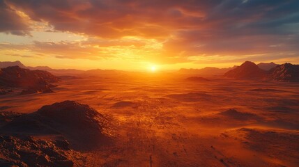 Naklejka premium Desert sunset landscape, aerial view, mountains, fiery sky, travel background