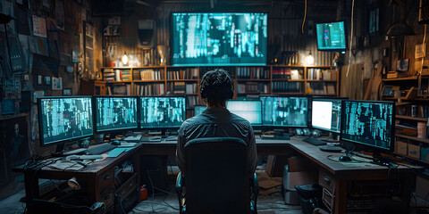 En las profundidades del ciberespacio un hacker en acción rodeado de monitores