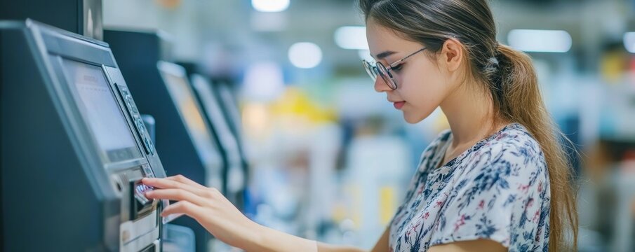 Woman employee scanning fingerprint on the machine to record working time