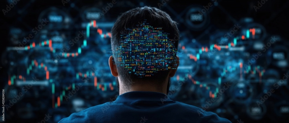 Poster business analyst examining financial data with binary symbols representing digital transformation co