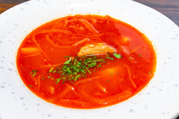 Red Ukrainian borscht with meat and fresh herbs served in a white bowl Savory vegetable pie served with fresh garnishes