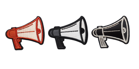 Megaphone Loudspeaker Embroidered Patch on White, Sound and Announcement Themes, PNG Transparent