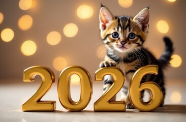 A funny striped kitten sits next to the numbers of the new year 2026 against the background of Christmas lights	