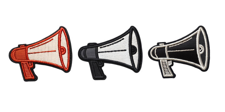 Megaphone Loudspeaker Embroidered Patch on White, Sound and Announcement Themes, PNG Transparent
