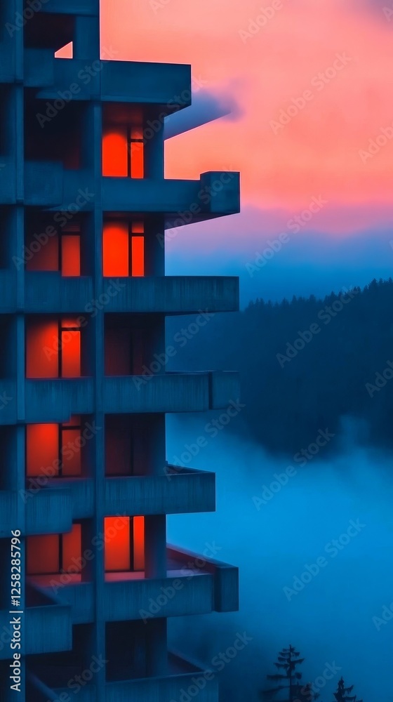 Wall mural modern concrete building with illuminated windows at sunset, surrounded by misty forest landscape