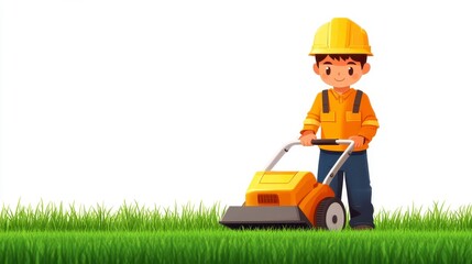 Fototapeta premium Young Boy Operating a Yellow Lawnmower on Green Grass
