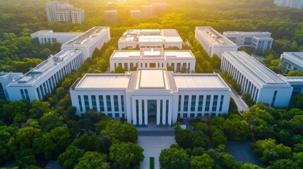 Fototapeta premium Electric vehicles and sustainability manufacturing, Aerial view of modern architectural buildings surrounded by greenery, illuminated by warm sunlight during sunset.