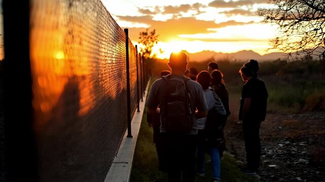 Group of immigrants walking along a border fence at sunset