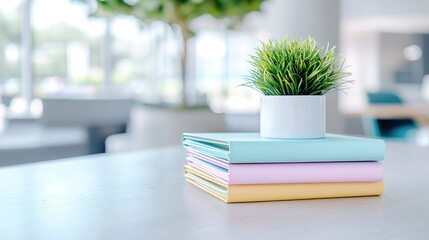 Fototapeta premium Office plant on pastel notebooks, bright interior