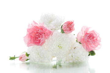 Delicate composition of white chrysanthemums and pink carnations, isolated on white background
