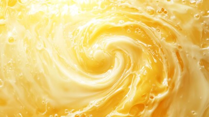 Yellow melted milk swirl on white background. Sour cream or vanilla yogurt swirl texture