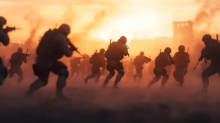 Fototapeta premium Silhouetted Soldiers in a Dusty Battlefield at Sunset