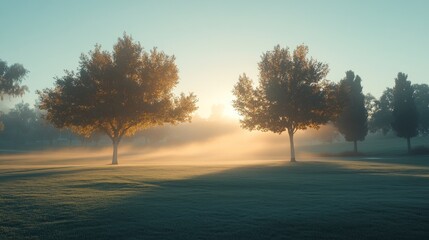 Fototapeta premium Misty sunrise illuminates two trees on a tranquil golf course