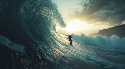 Surfer paddles towards sunset ocean wave, dramatic cliff background, adventure sports
