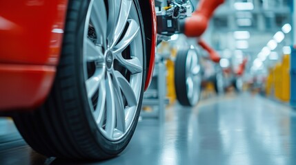 Electric vehicles and sustainability manufacturing, A close-up of a car wheel in an industrial setting, showcasing the assembly line process in a modern automotive factory.