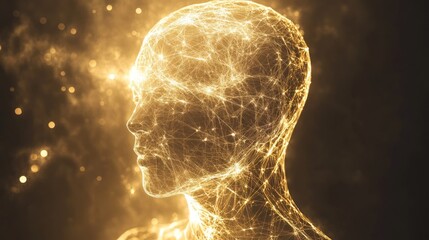 Obraz premium Glowing head, network, dark background, idea, digital art