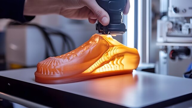 3D Printing Innovation: Close-up of a Shoe Prototype Being Created Using Additive Manufacturing Technology