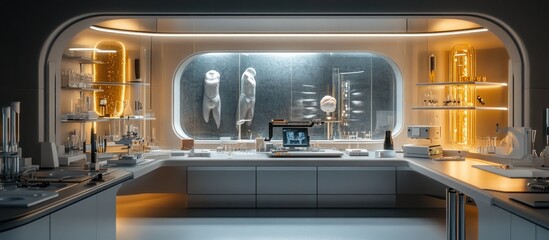 Obraz premium Futuristic lab interior; specimens, research; night lighting