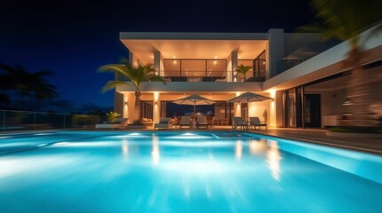 Luxury Modern Villa Night Poolside View