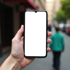 Female hand holding smartphone with blank screen display , empty screens, smartphones,