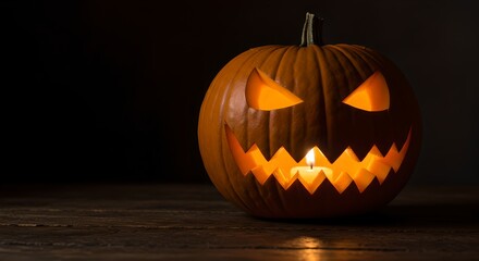 A pumpkin with a spooky jack-o'-lantern face, with flickering candlelight inside, creating a haunting ambiance.