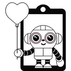 A charming, small robot with rosy cheeks holds a vibrant red heart-shaped balloon.  The scene is whimsical and cheerful.