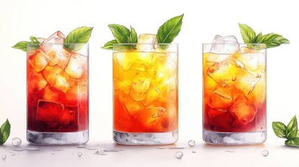 Refreshing summer drinks in vibrant colors with ice and mint leaves, set against a bright backdrop