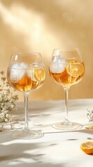 Refreshing iced tea served in elegant glassware with edible flowers on a light pastel backdrop