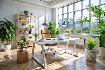 Fototapeta premium Modern Minimalist Office Workspace: Clean Desk, Bright Interior Design