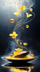 Buttery black cod on saffron emulsion with edible flowers and infused oil droplets