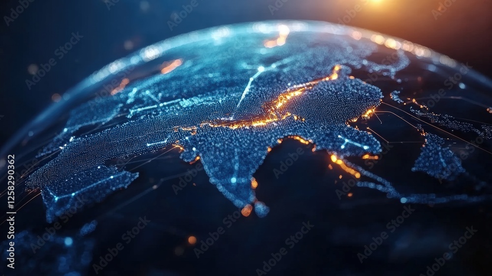 Poster close up of globe with glowing map and business data analyst using graphs metrics and kpis