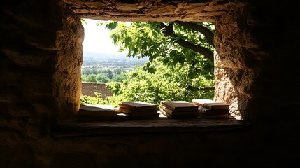 Window Bookshelf View into Lush Countryside Landscape Through Stone Frame Still Life Tranquility