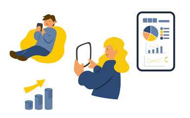 スマホで家計簿アプリを見ている男女のシンプルなイラスト