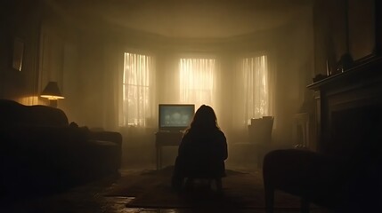 Fototapeta premium Woman Enshrouded in Smoke Watching Television in a Dark Room Filled with Ethereal Light