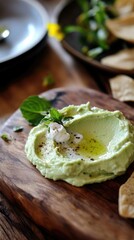 Creamy avocado dip with yogurt, garlic, and mint on a wooden platter at a cozy gathering