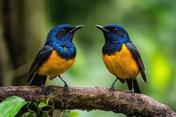 Fototapeta premium Tropical birds facing, branch, forest, nature, wildlife, mating, closeup, poster